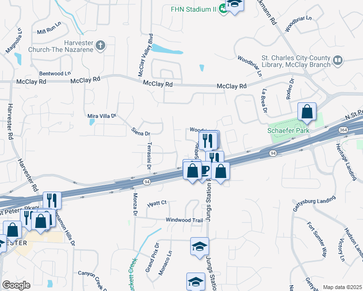 map of restaurants, bars, coffee shops, grocery stores, and more near 129 Waterside Crossing Drive in St. Peters