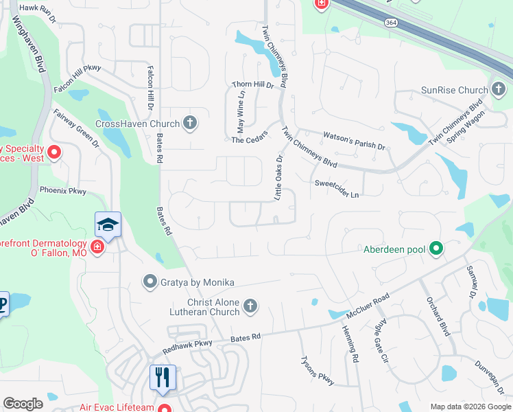 map of restaurants, bars, coffee shops, grocery stores, and more near 2350 Cheneaux Lane in O'Fallon