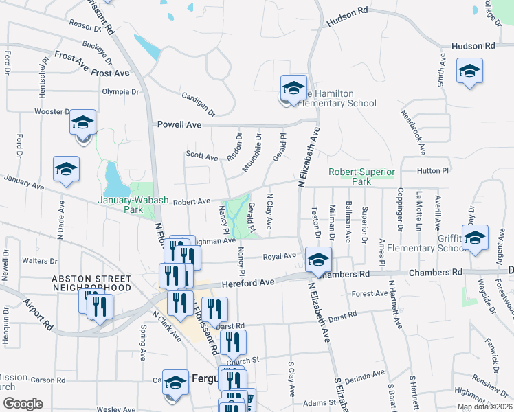 map of restaurants, bars, coffee shops, grocery stores, and more near 512 Gerald Place in Ferguson