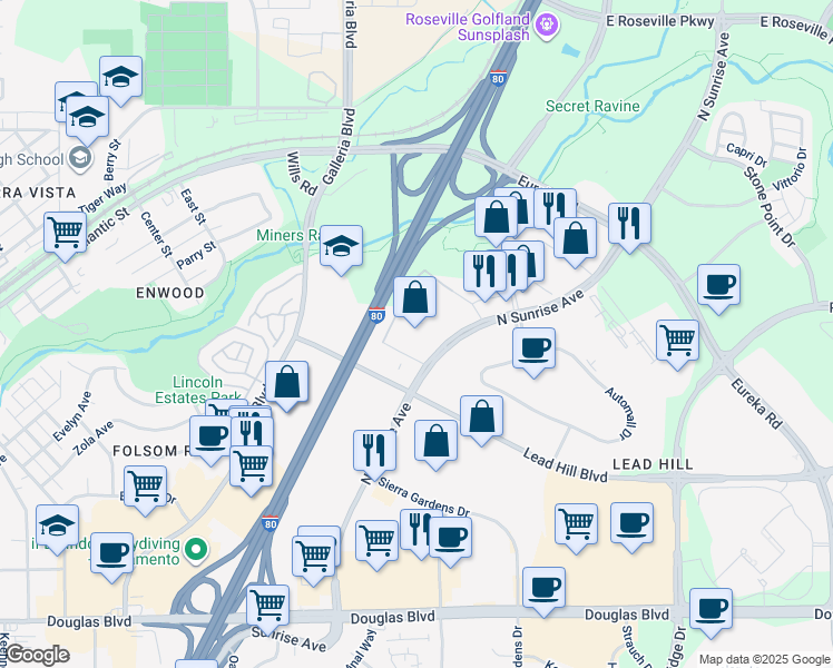 map of restaurants, bars, coffee shops, grocery stores, and more near 318 North Sunrise Avenue in Roseville