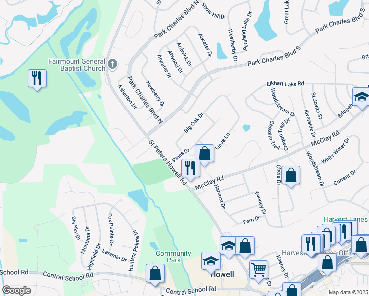 map of restaurants, bars, coffee shops, grocery stores, and more near 5 Pines Drive in St. Peters
