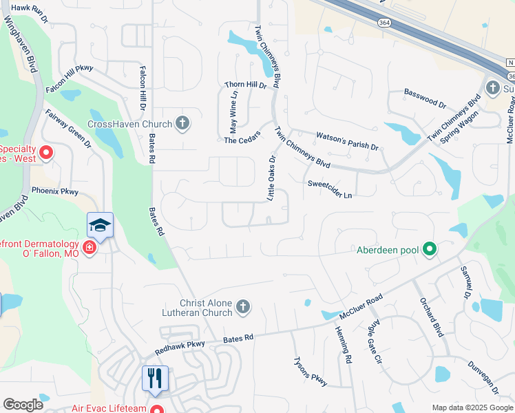 map of restaurants, bars, coffee shops, grocery stores, and more near 2350 Cheneaux Lane in O'Fallon
