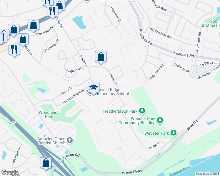 map of restaurants, bars, coffee shops, grocery stores, and more near 124 Shady Lane in Saint Charles