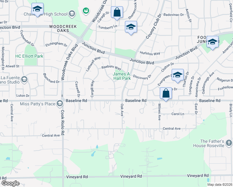 map of restaurants, bars, coffee shops, grocery stores, and more near 104 Galston Court in Roseville