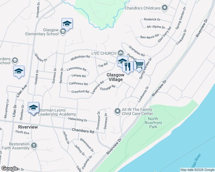 map of restaurants, bars, coffee shops, grocery stores, and more near 239 Estridge Road in St. Louis