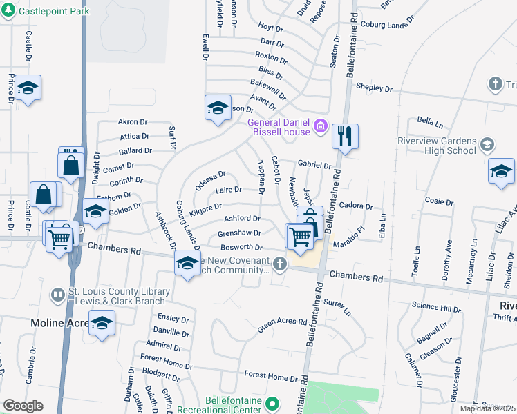 map of restaurants, bars, coffee shops, grocery stores, and more near 10069 Tappan Drive in St. Louis