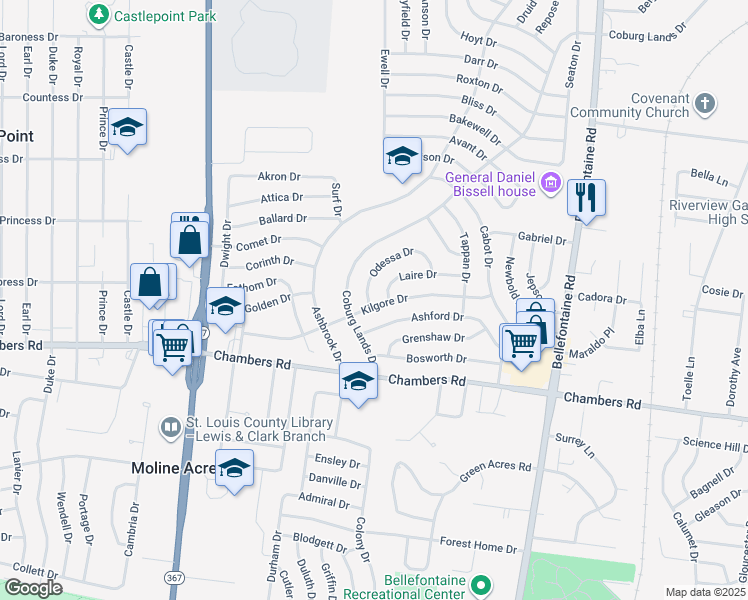 map of restaurants, bars, coffee shops, grocery stores, and more near 1224 Kilgore Drive in St. Louis