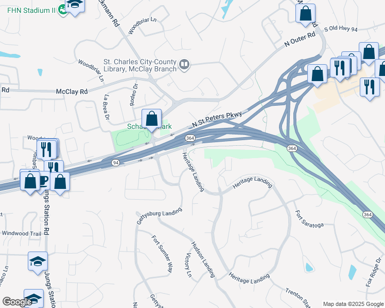 map of restaurants, bars, coffee shops, grocery stores, and more near 1630 Heritage Landing in Saint Peters
