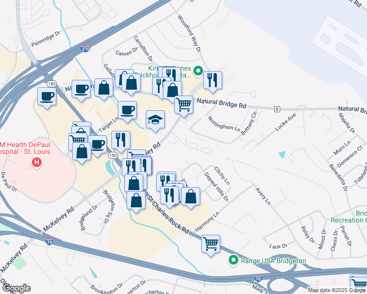 map of restaurants, bars, coffee shops, grocery stores, and more near 12082 Monter Drive in Bridgeton