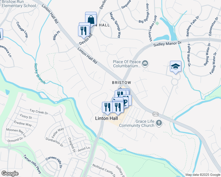 map of restaurants, bars, coffee shops, grocery stores, and more near 9345 Devlins Grove Pl in Bristow