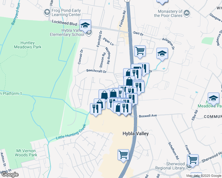 map of restaurants, bars, coffee shops, grocery stores, and more near 7507 Snowpea Court in Alexandria
