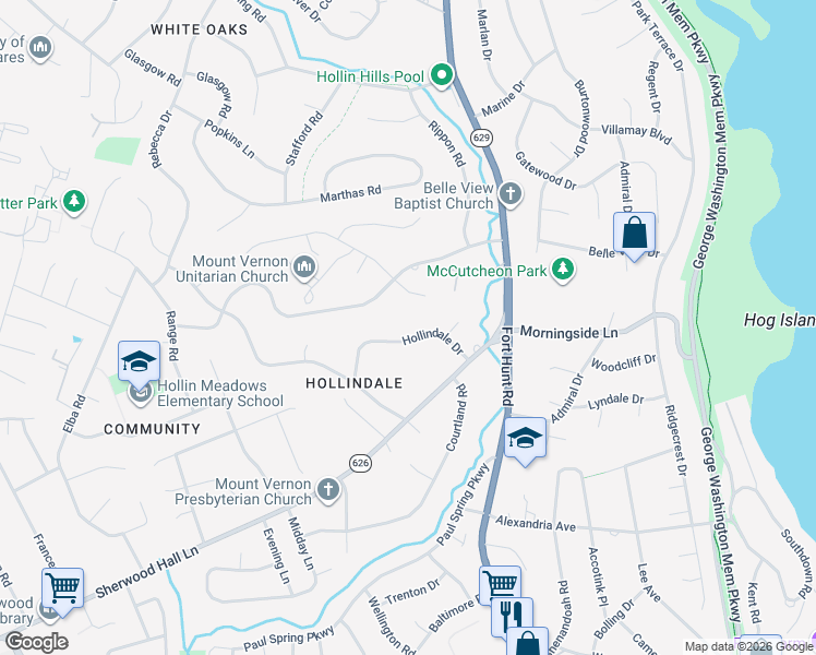 map of restaurants, bars, coffee shops, grocery stores, and more near 1700 Hollindale Drive in Alexandria