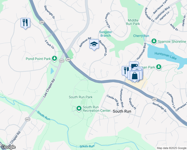 map of restaurants, bars, coffee shops, grocery stores, and more near 9455 Park Hunt Court in Springfield