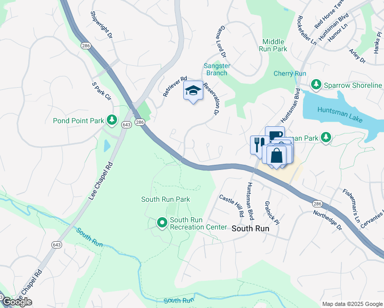 map of restaurants, bars, coffee shops, grocery stores, and more near 9455 Park Hunt Court in Springfield