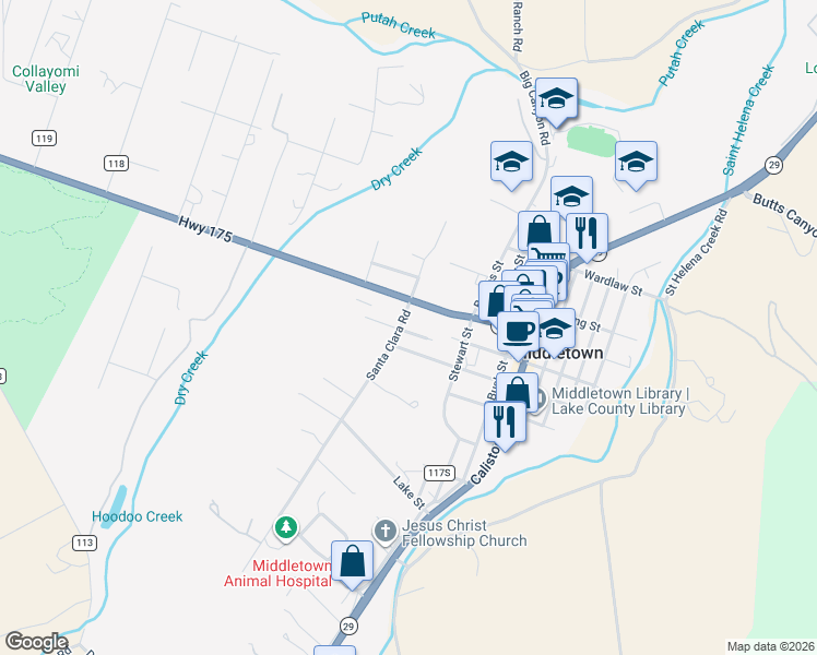 map of restaurants, bars, coffee shops, grocery stores, and more near 21130 Santa Clara Road in Middletown