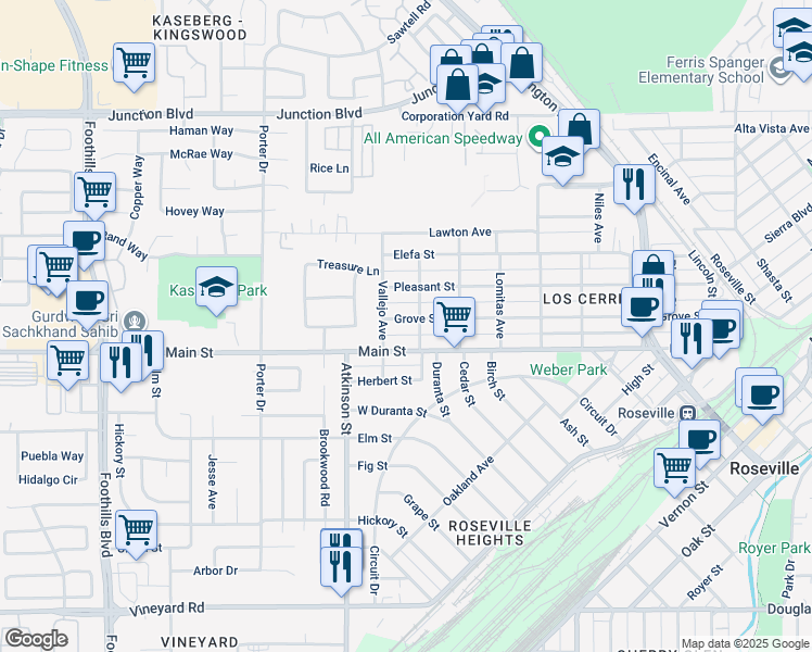 map of restaurants, bars, coffee shops, grocery stores, and more near 809 Grove Street in Roseville