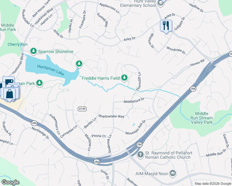 map of restaurants, bars, coffee shops, grocery stores, and more near 7404 Seabrook Lane in Springfield