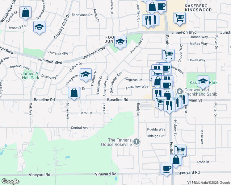 map of restaurants, bars, coffee shops, grocery stores, and more near 1301 Ridgerun Drive in Roseville