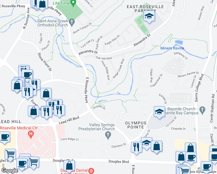 map of restaurants, bars, coffee shops, grocery stores, and more near 216 Vista Ridge Court in Roseville