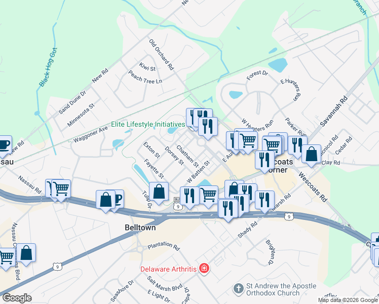 map of restaurants, bars, coffee shops, grocery stores, and more near 19240 Farros Alley in Lewes