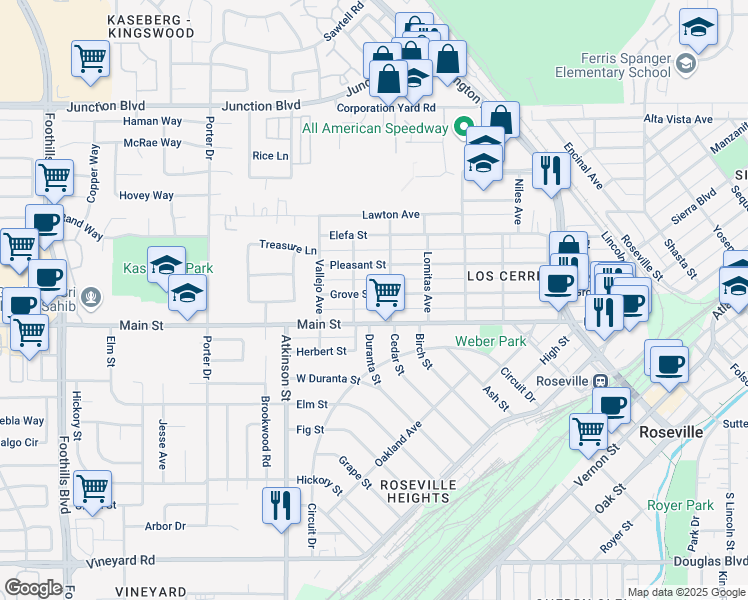 map of restaurants, bars, coffee shops, grocery stores, and more near 717 Grove Street in Roseville