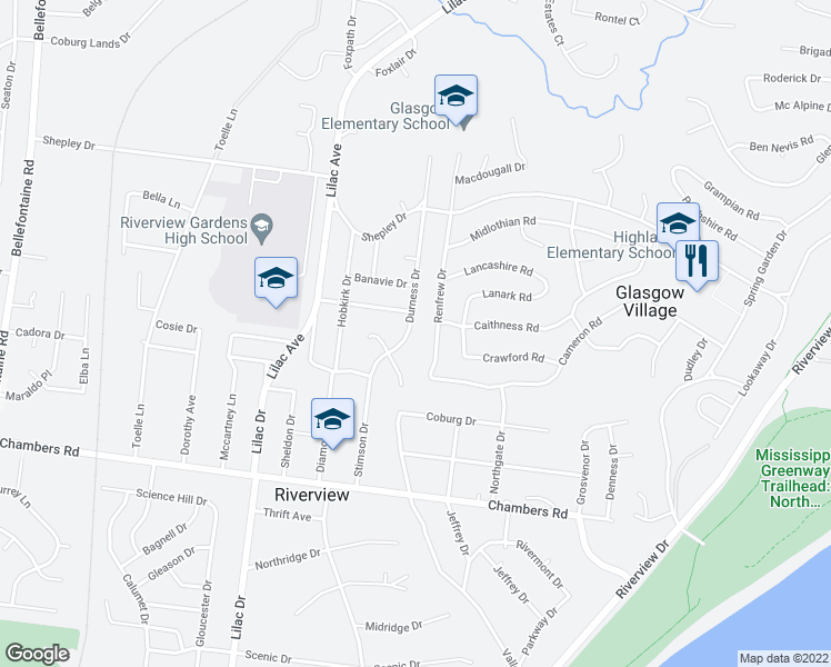 map of restaurants, bars, coffee shops, grocery stores, and more near 10324 Durness Drive in St. Louis