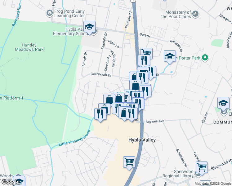 map of restaurants, bars, coffee shops, grocery stores, and more near 7507 Snowpea Court in Alexandria