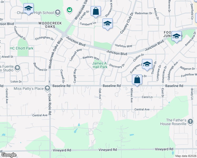 map of restaurants, bars, coffee shops, grocery stores, and more near 104 Galston Court in Roseville