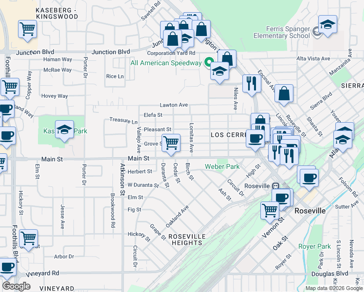 map of restaurants, bars, coffee shops, grocery stores, and more near 617 Grove Street in Roseville