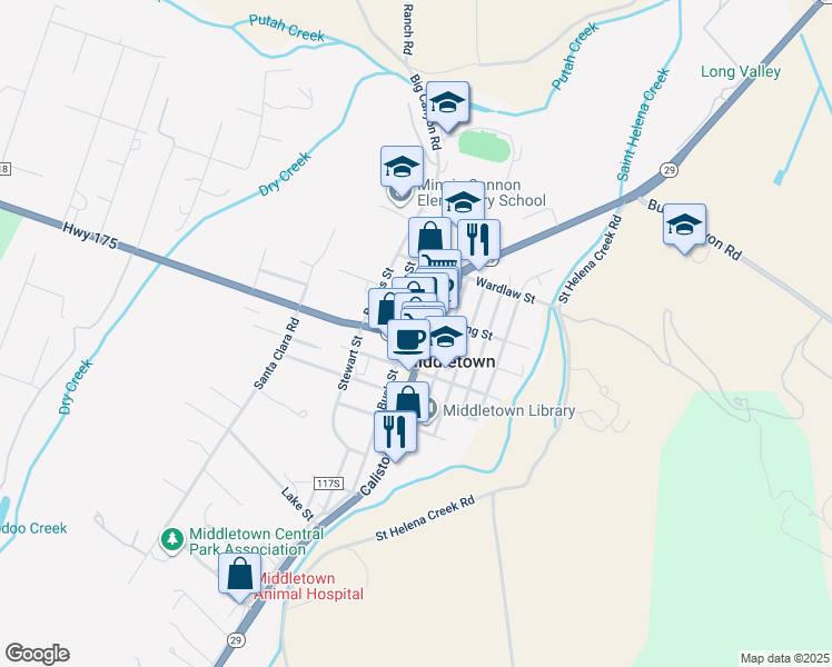 map of restaurants, bars, coffee shops, grocery stores, and more near 21456 Highway 175 in Middletown