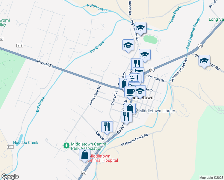 map of restaurants, bars, coffee shops, grocery stores, and more near 21271 Highway 175 in Middletown