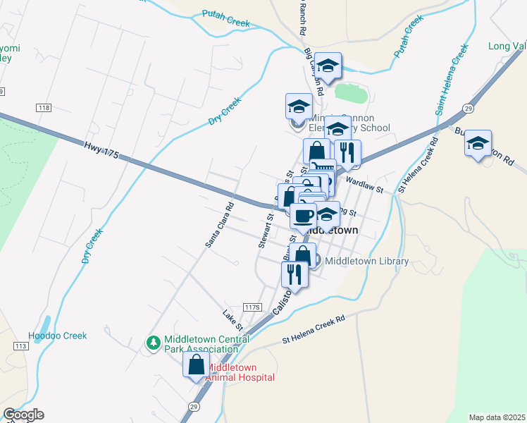 map of restaurants, bars, coffee shops, grocery stores, and more near 21283 Highway 175 in Middletown