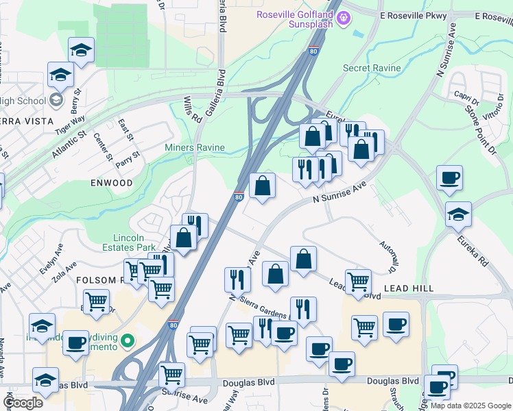 map of restaurants, bars, coffee shops, grocery stores, and more near 318 N Sunrise Ave in Roseville