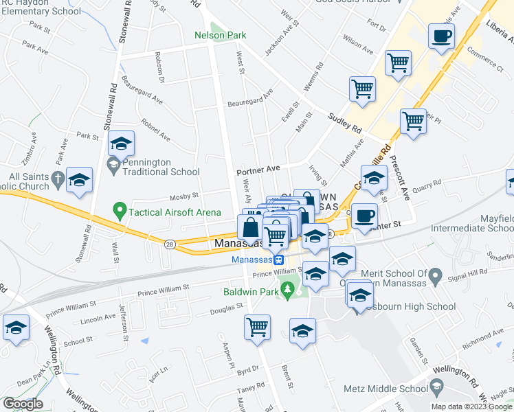 map of restaurants, bars, coffee shops, grocery stores, and more near 9318 West Street in Manassas