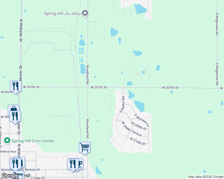 map of restaurants, bars, coffee shops, grocery stores, and more near 19556 West 207th Terrace in Spring Hill