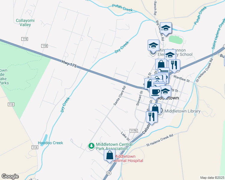 map of restaurants, bars, coffee shops, grocery stores, and more near 15425 Graham Road in Middletown