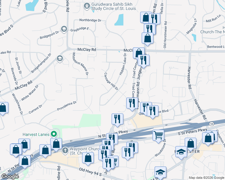 map of restaurants, bars, coffee shops, grocery stores, and more near 644 Bull Valley Drive in St. Peters