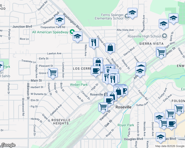 map of restaurants, bars, coffee shops, grocery stores, and more near 311 Grove Street in Roseville