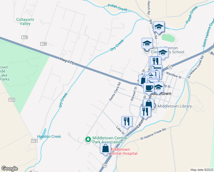 map of restaurants, bars, coffee shops, grocery stores, and more near 15425 Graham Road in Middletown