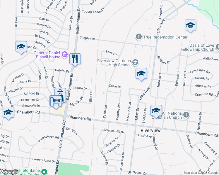 map of restaurants, bars, coffee shops, grocery stores, and more near 587 Glorose Drive in St. Louis