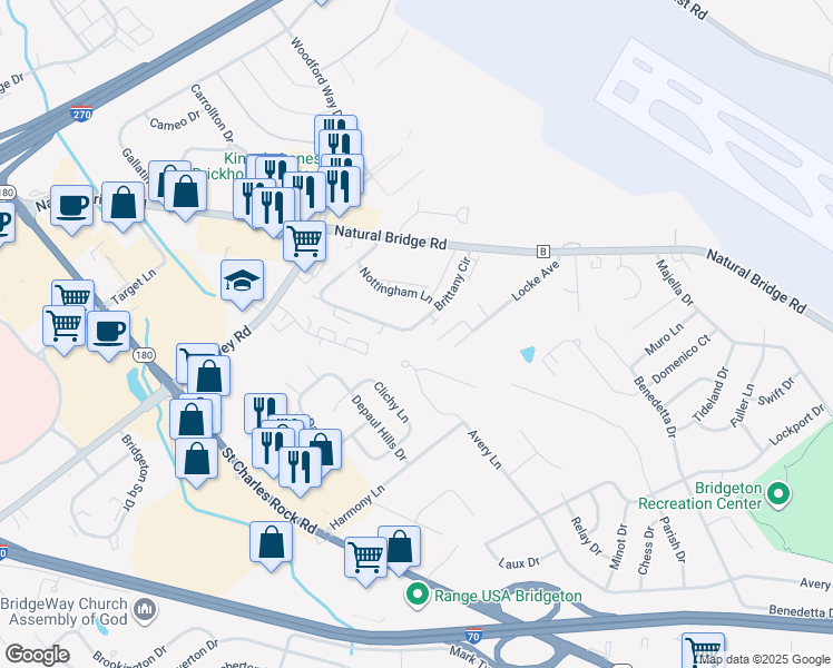 map of restaurants, bars, coffee shops, grocery stores, and more near 3968 Brittany Circle in Bridgeton