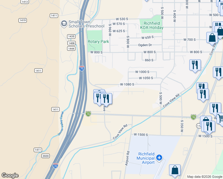 map of restaurants, bars, coffee shops, grocery stores, and more near 942 West 1100 South in Richfield