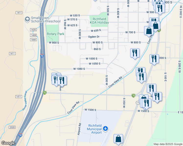 map of restaurants, bars, coffee shops, grocery stores, and more near 688 West 1100 South in Richfield