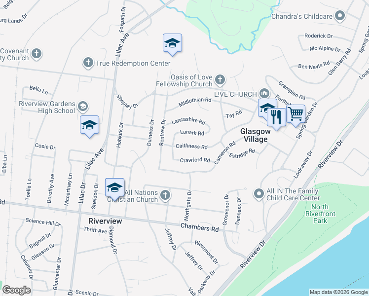 map of restaurants, bars, coffee shops, grocery stores, and more near 404 Caithness Road in St. Louis