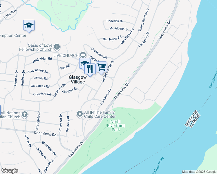 map of restaurants, bars, coffee shops, grocery stores, and more near 10301 Lookaway Drive in St. Louis