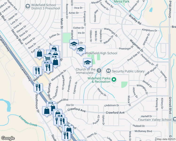 map of restaurants, bars, coffee shops, grocery stores, and more near 512 Widefield Drive in Colorado Springs