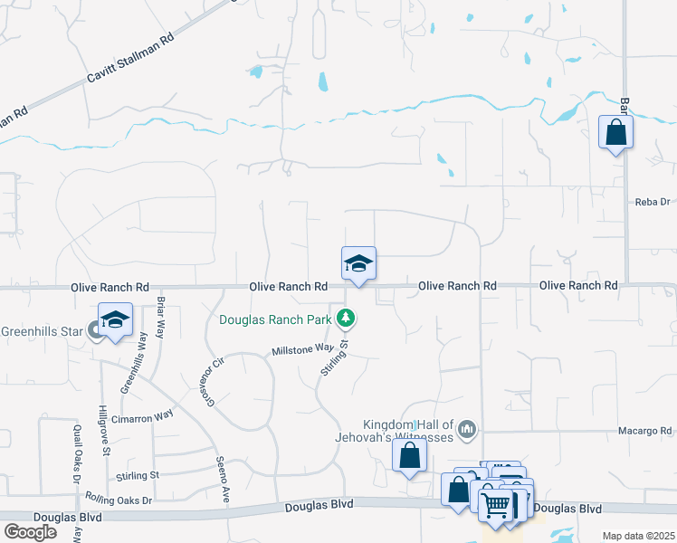 map of restaurants, bars, coffee shops, grocery stores, and more near 5137 Olive Ranch Road in Granite Bay