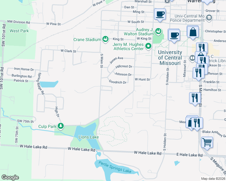 map of restaurants, bars, coffee shops, grocery stores, and more near 801 South Main Street in Warrensburg