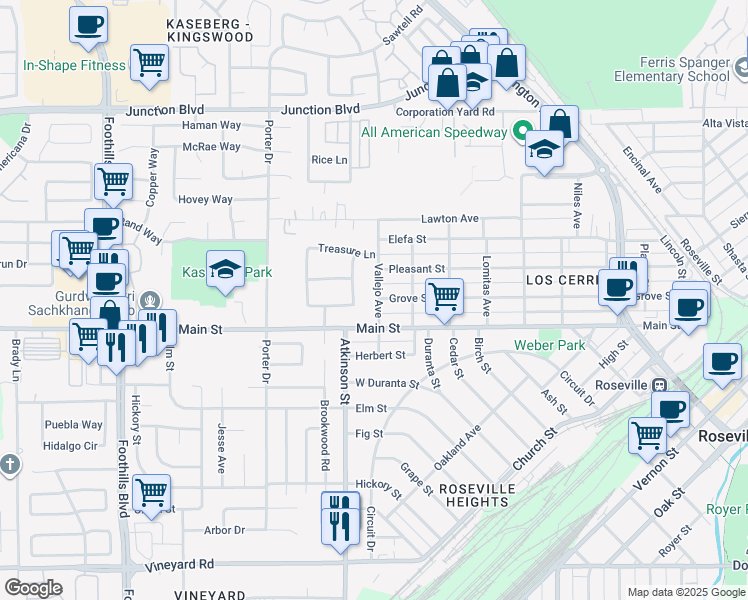 map of restaurants, bars, coffee shops, grocery stores, and more near 121 Vallejo Avenue in Roseville