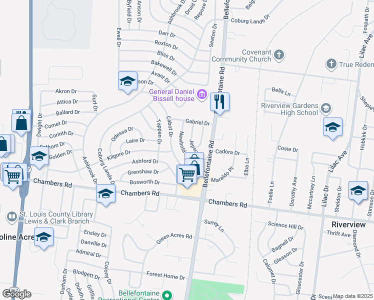 map of restaurants, bars, coffee shops, grocery stores, and more near 10130 Newbold Drive in St. Louis